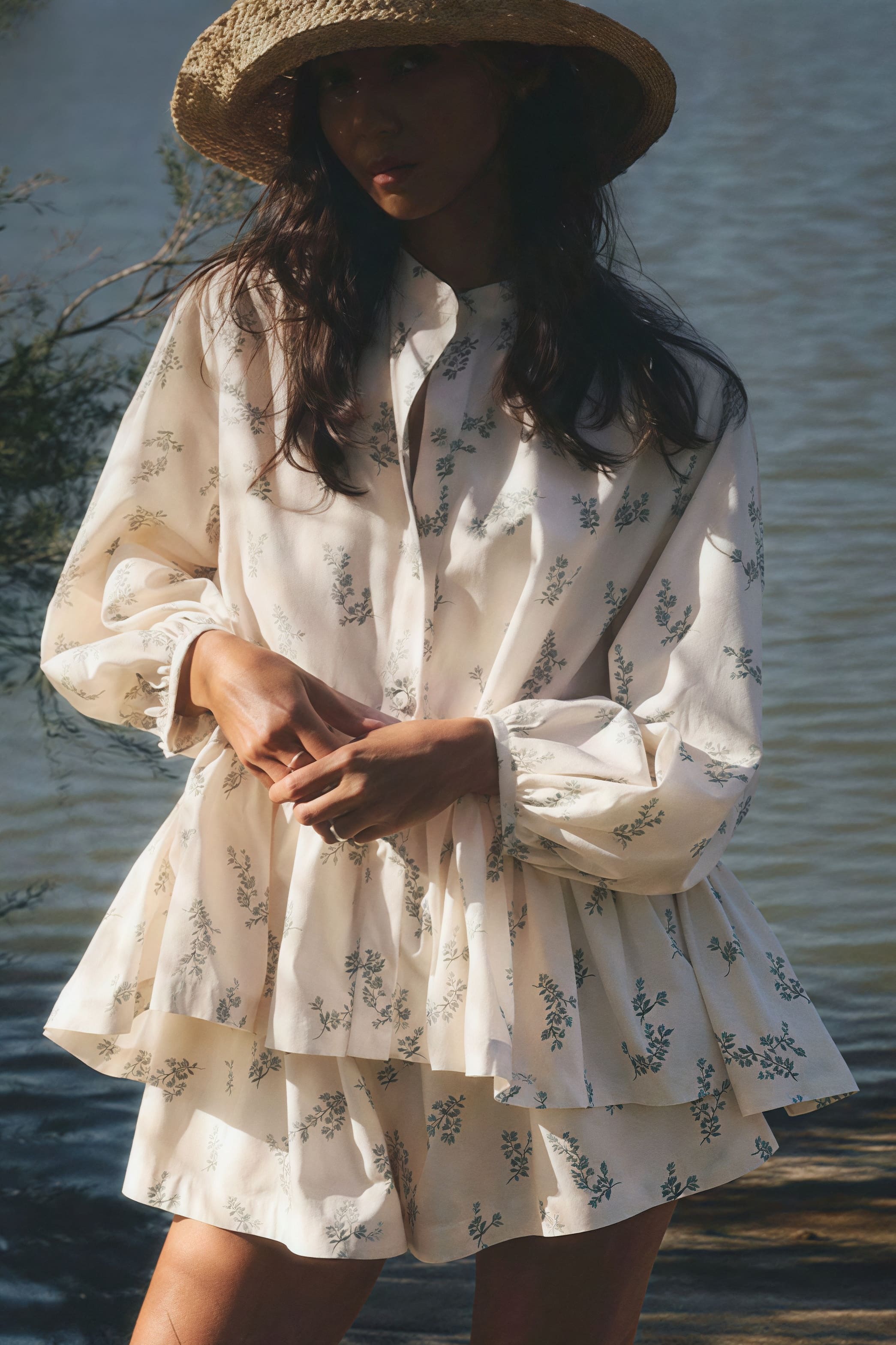 Puff Sleeve High Neck Ruffle Floral Two Piece Set image 1