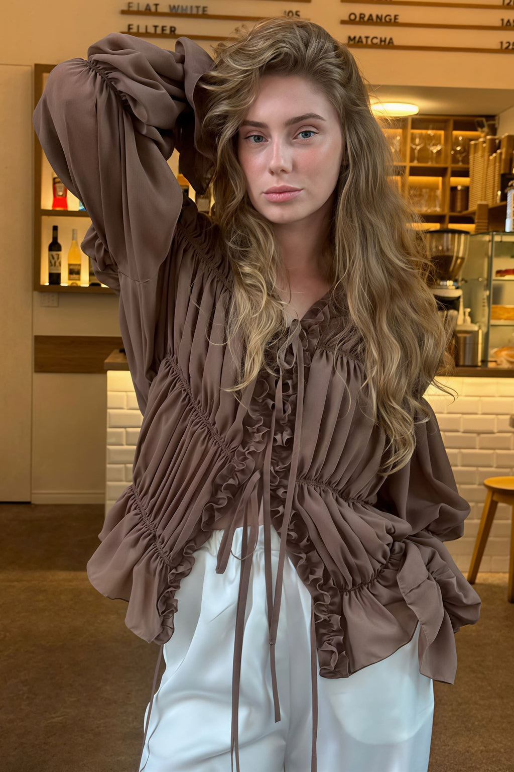 Solid Ruched Ruffle Tie Blouse image 5