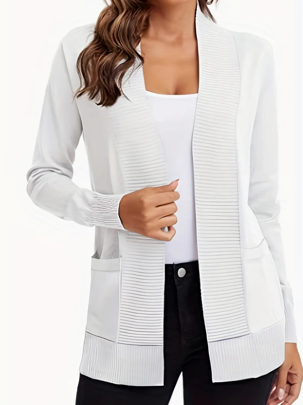 Anya Open Cardigan detail view styled for Avrienne