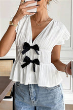 Bow Short Sleeve Casual Open Blouse image 3