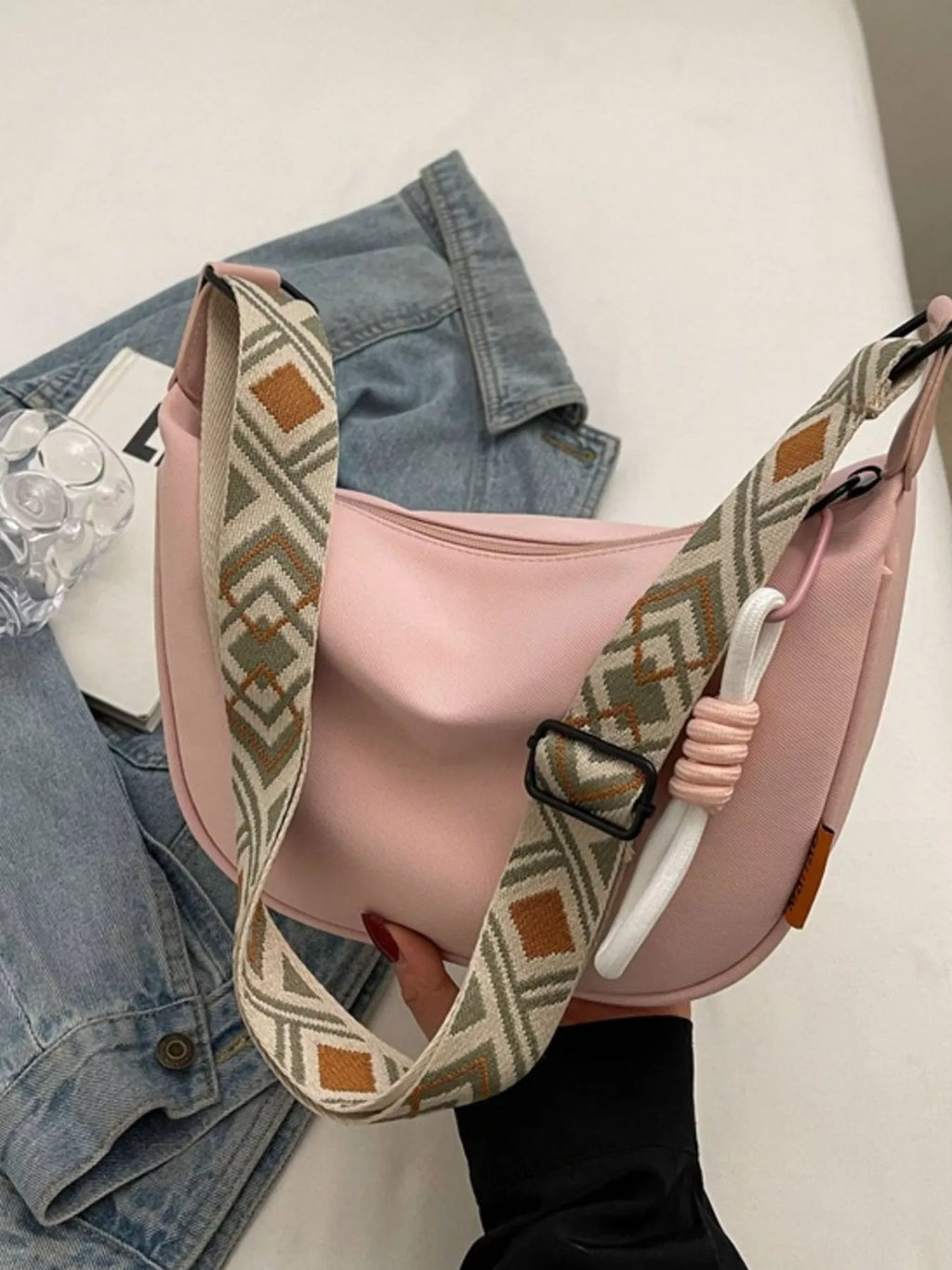 Amalia Straw Crossbody detail view styled for Avrienne