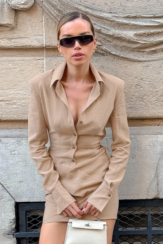 Long Sleeve Waist Irregular Pleated Bodycon Mini Dress image 2