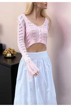 Hollow Out Knit V Neck Long Sleeve Cardigan image 13