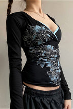 Retro Floral Printed V Neck Blouse image 2