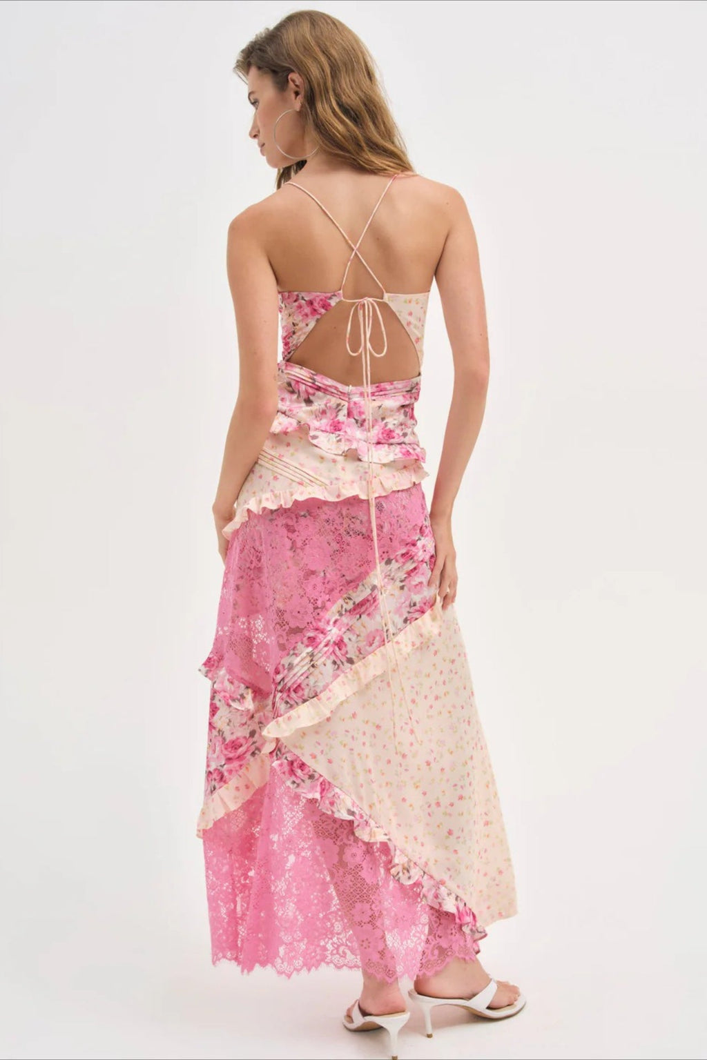Deep V Ruffle Floral Lace Patchwork Cami Maxi Dress image 3