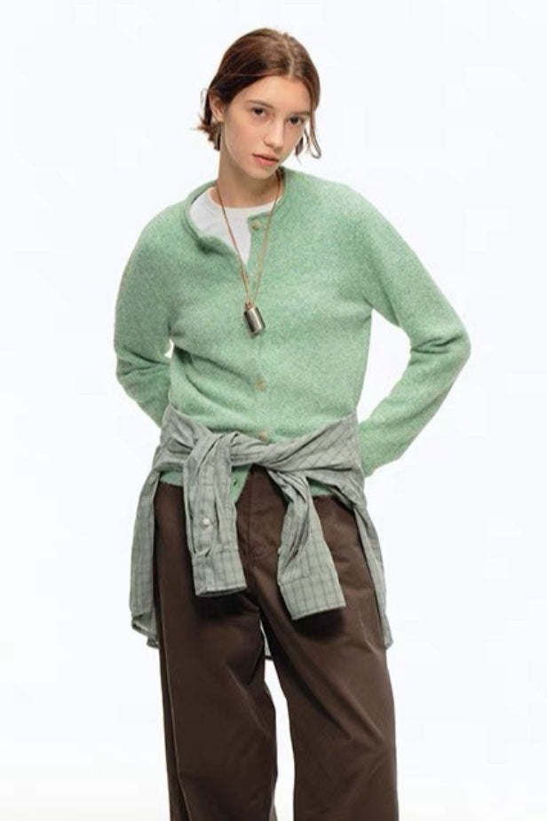 Green Wool Blend Crew Neck Knit Cardigan image 3