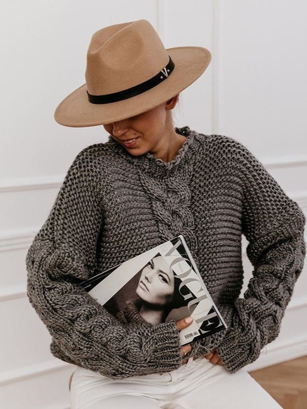 Casual Solid Color V-neck Cable Knit Sweater image 2