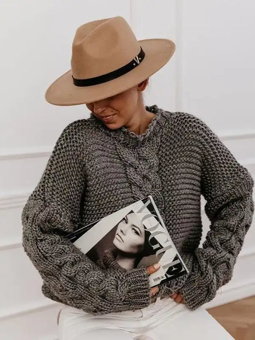 Casual Solid Color V-neck Cable Knit Sweater image 2