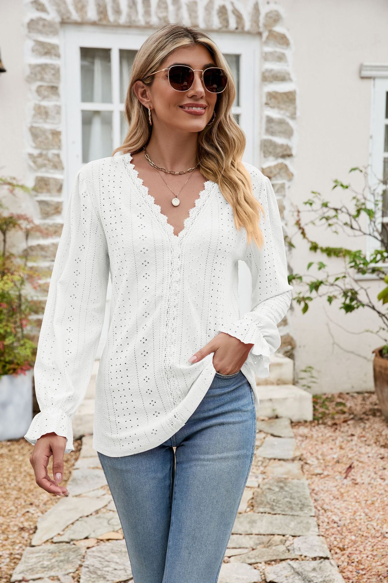 Lisette Eyelet Blouse detail view styled for Avrienne