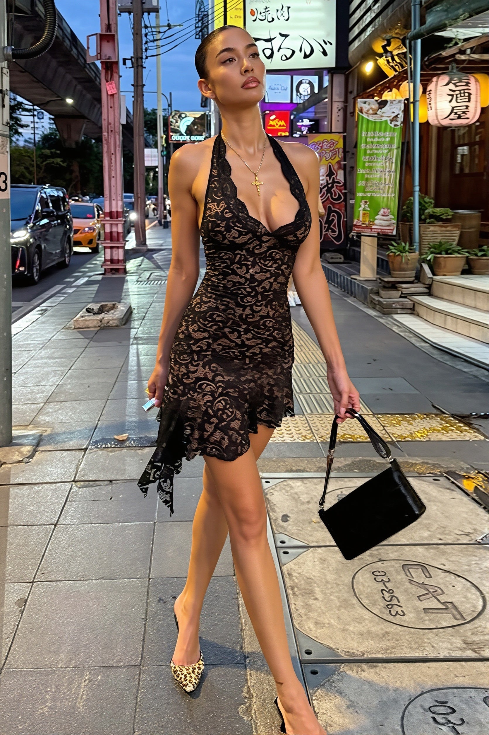 Sexy Lace Deep V Halter Open Back Ribbon Tie Mini Dress image 5