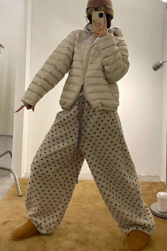 Warm Thickened Polka Dot Fleece Drawcord Pants image 4
