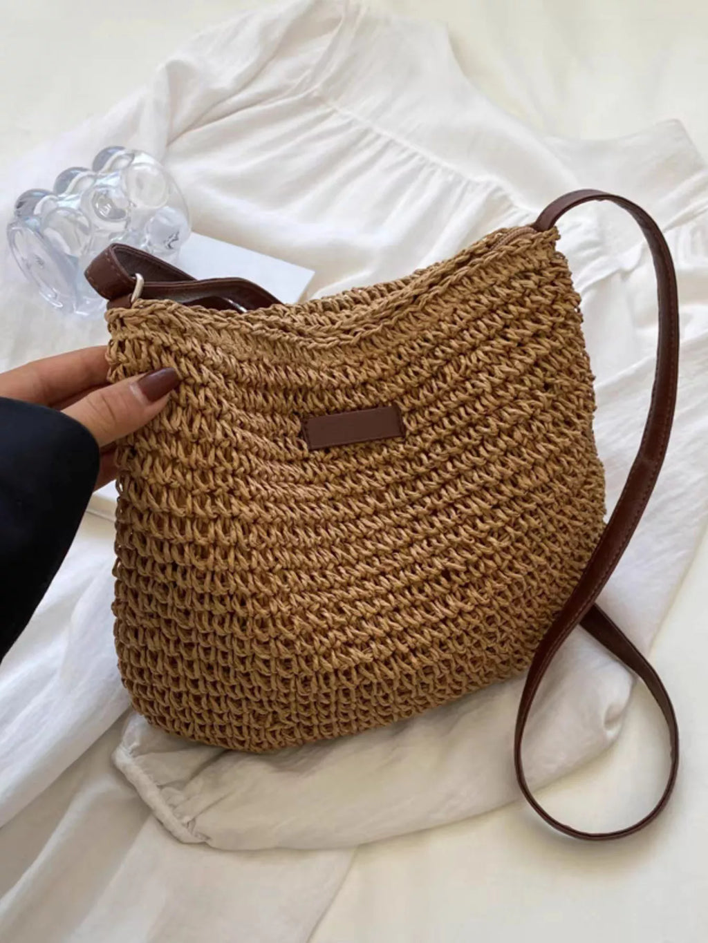 Aveline Straw Crossbody detail view styled for Avrienne