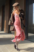 Lace Spaghetti Strap Silk-Like Slit Maxi Dress image 4