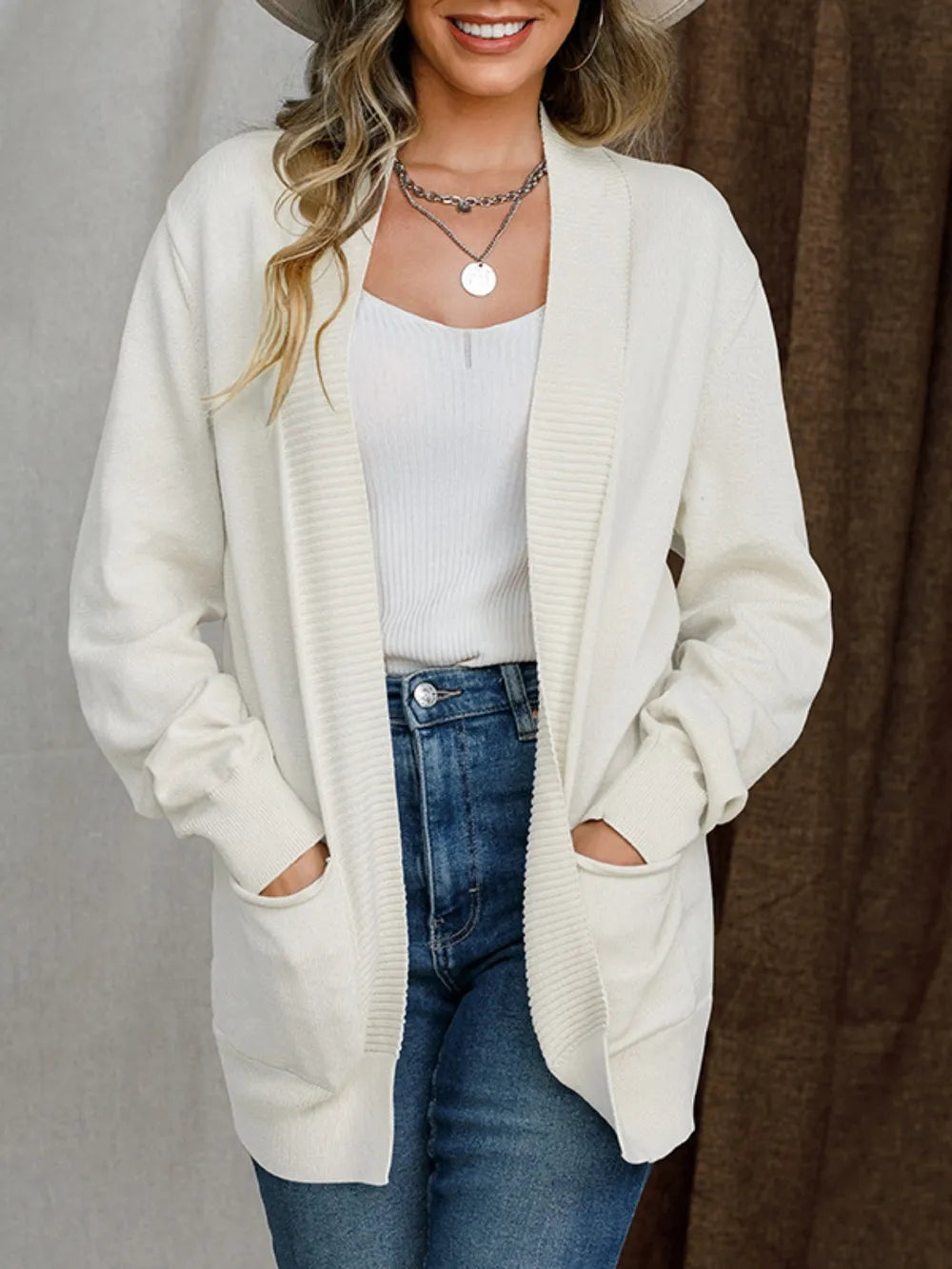 Anya Open Cardigan detail view styled for Avrienne