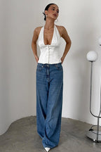 Sexy Solid Button Down Deep V Halter Top image 3