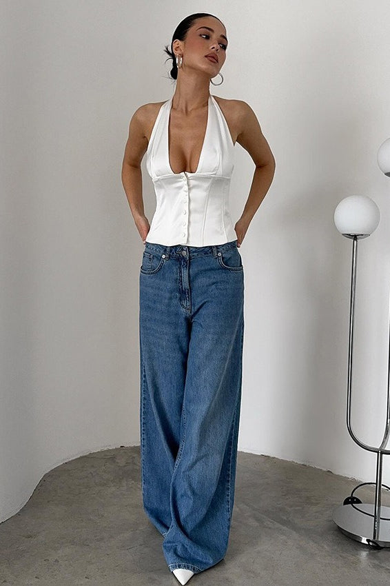 Sexy Solid Button Down Deep V Halter Top image 3