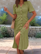Sienna Eyelet Midi Dress detail view styled for Avrienne