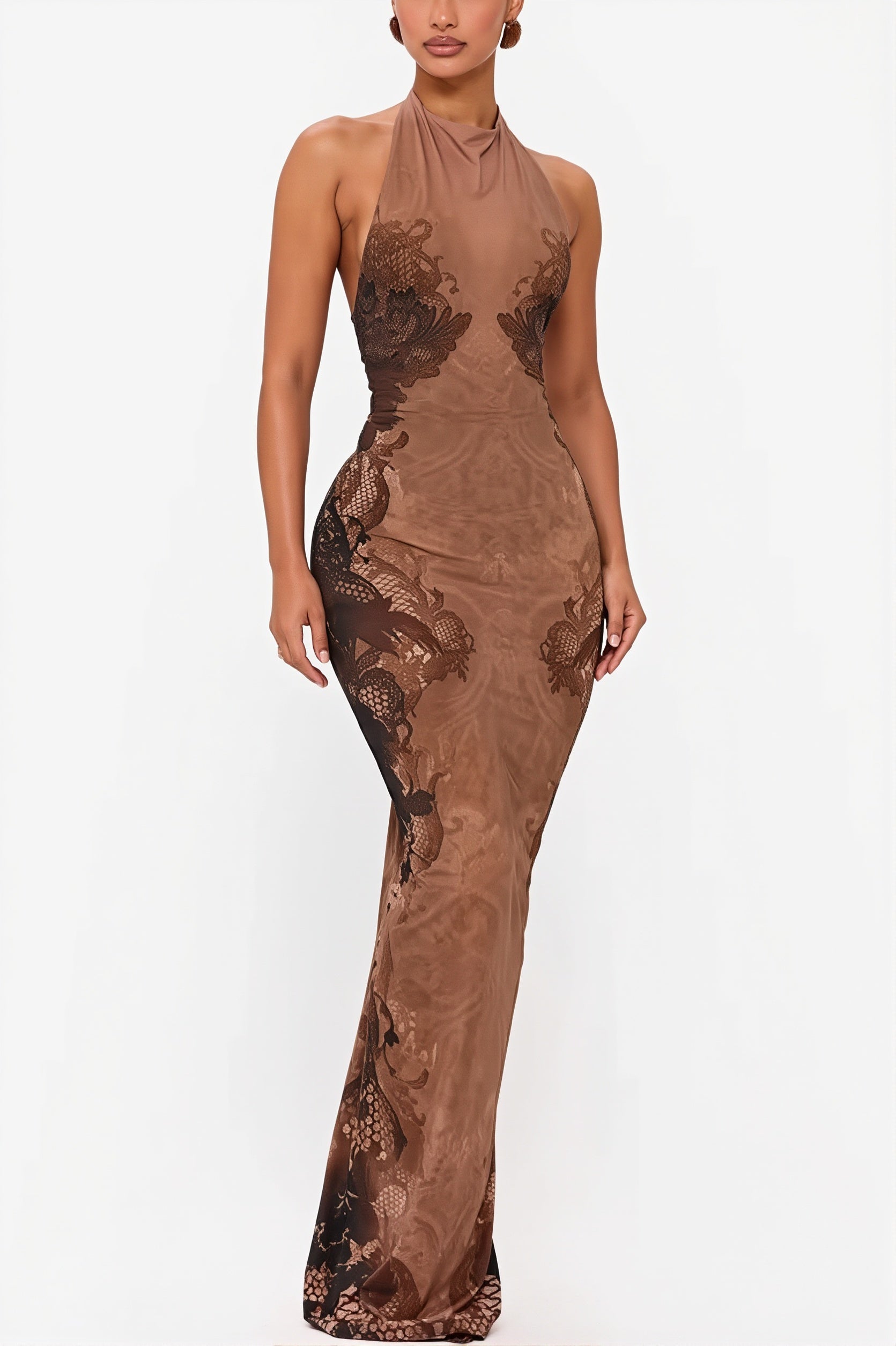 Lace Pattern Halter Backless Maxi Dress image 1