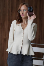 Solid Fitted Ruffled Hem Long Sleeve Knit Cardigan image 5