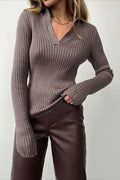 Polo Neck Fitted Ribbed Knit Sweater image 1