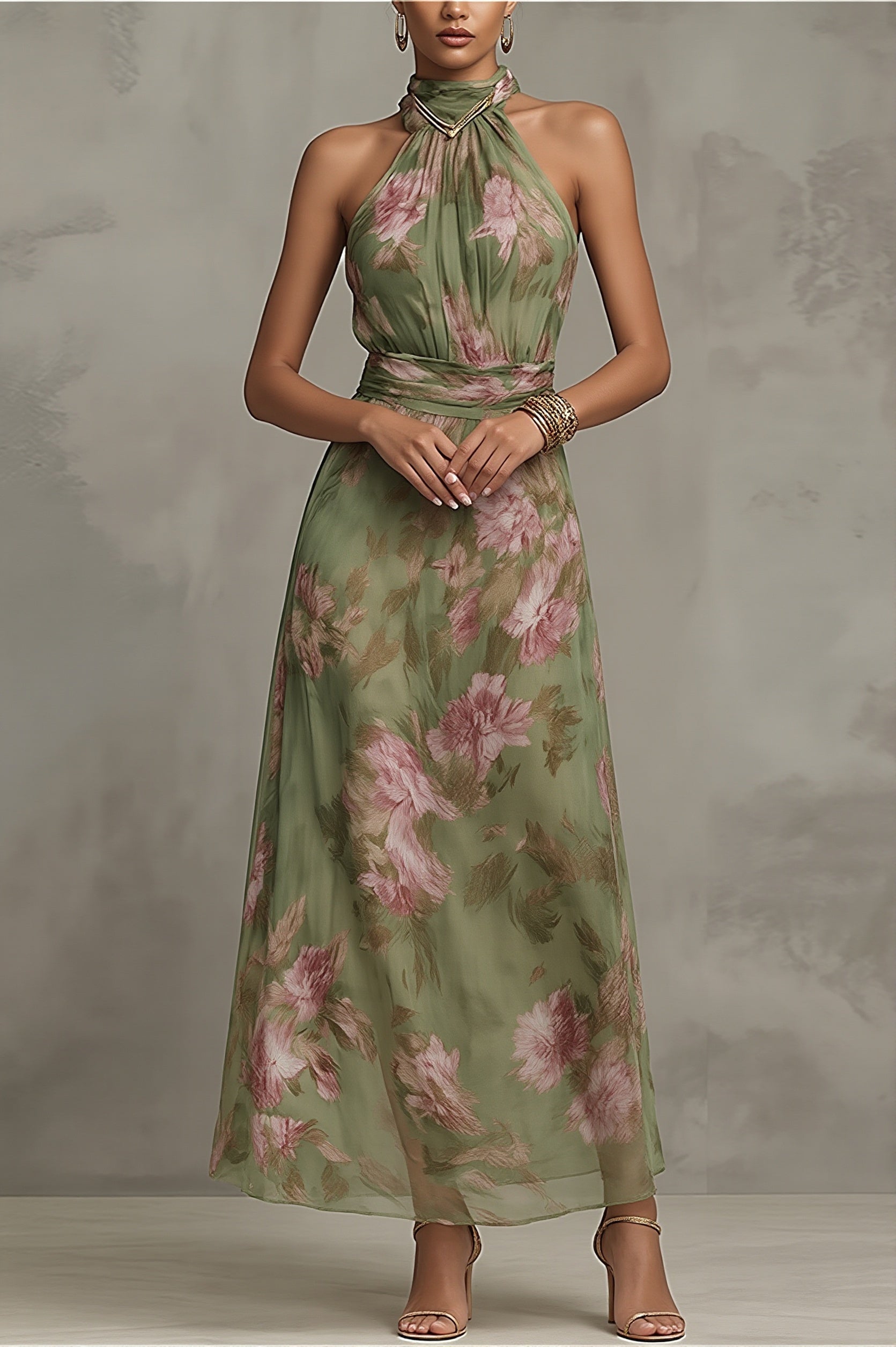 Light Elegant Halter Floral Maxi Dress image 2