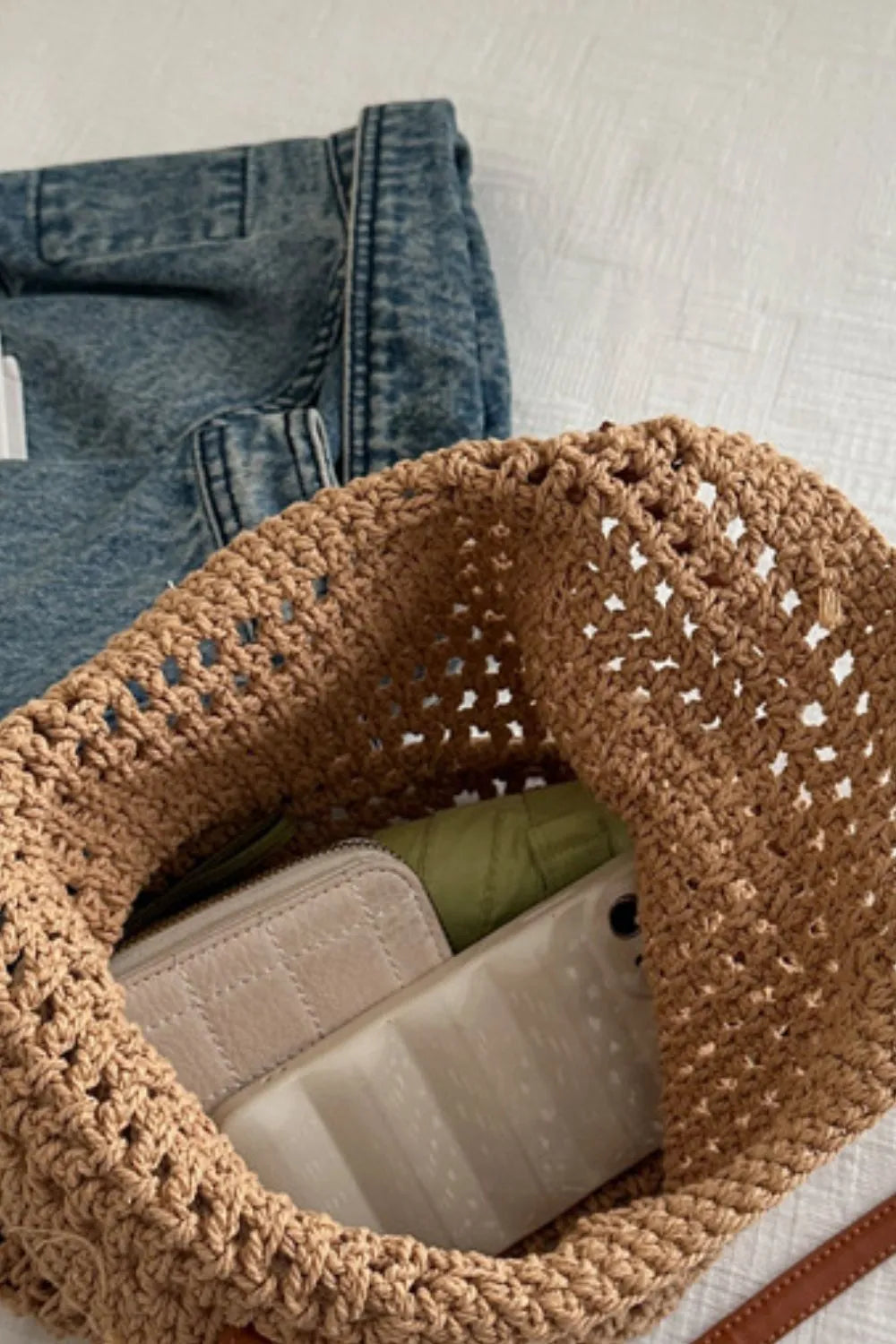 Marina Woven Tote detail view styled for Avrienne