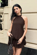 Vintage Solid Pleated Sexy Halter Mini Dress image 1