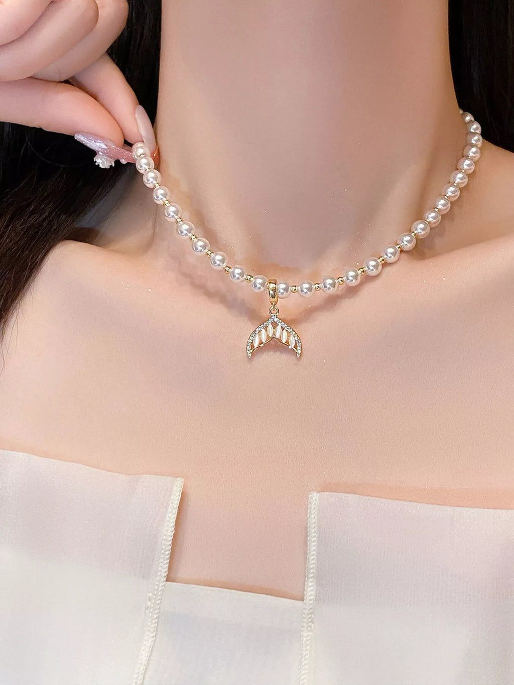 Honor Pearl Necklace detail view styled for Avrienne