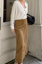 French Minimalist High-Waisted Solid Color Midi Skirt image 1
