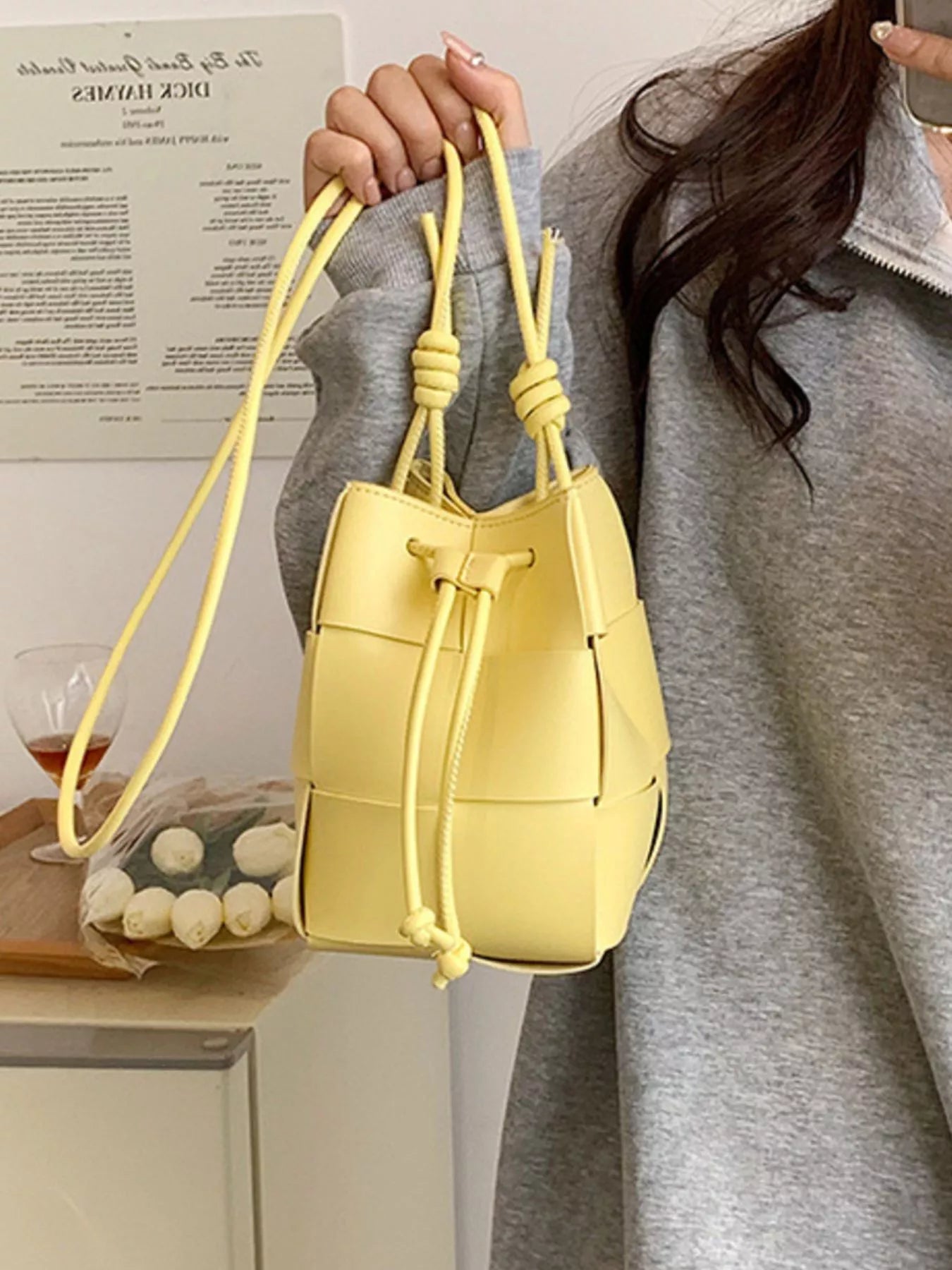 Carmen Bucket Bag detail view styled for Avrienne