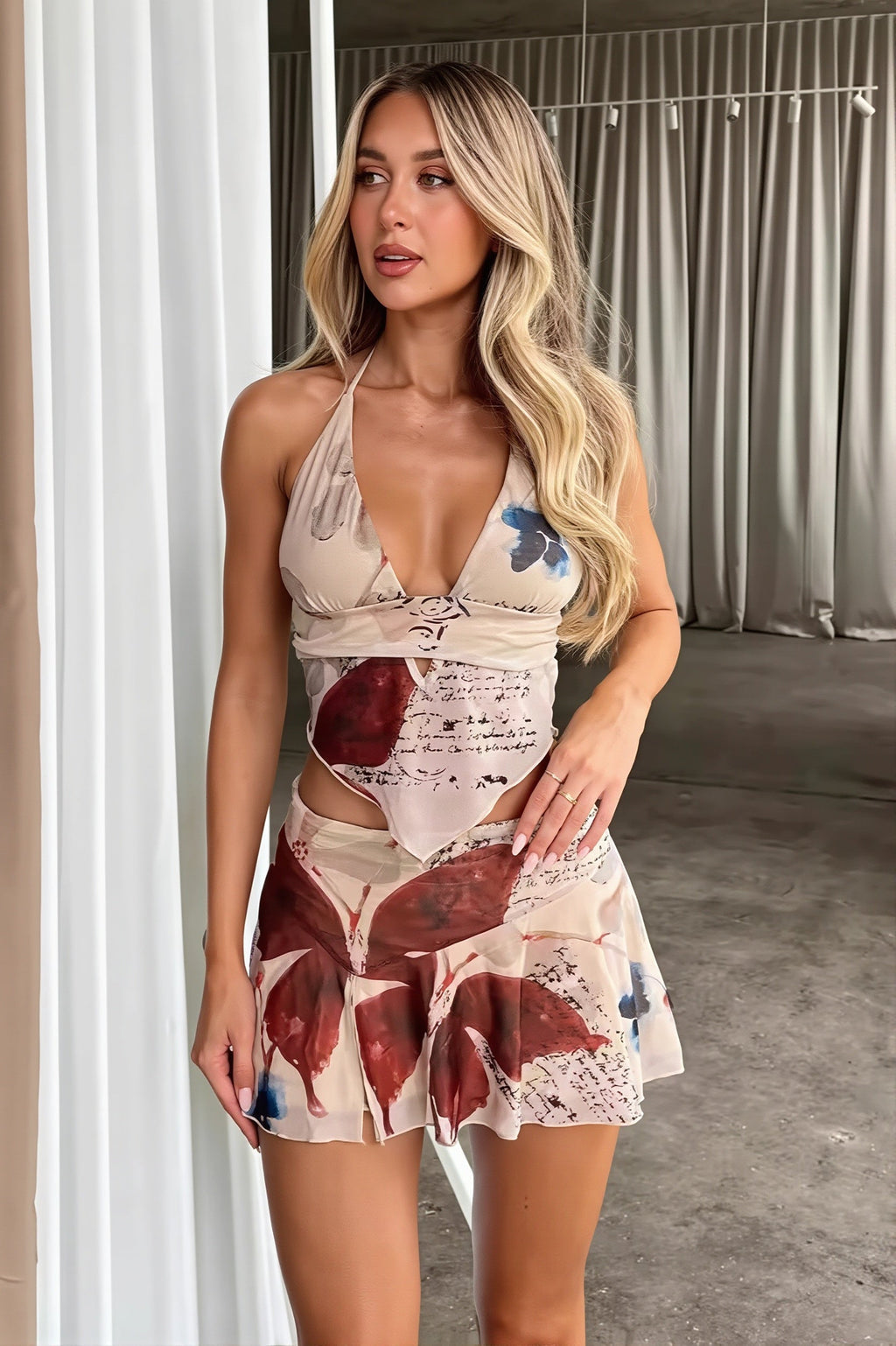 Chic Sheer Halter Neck Crop Top High Rise Skirt Sets image 1