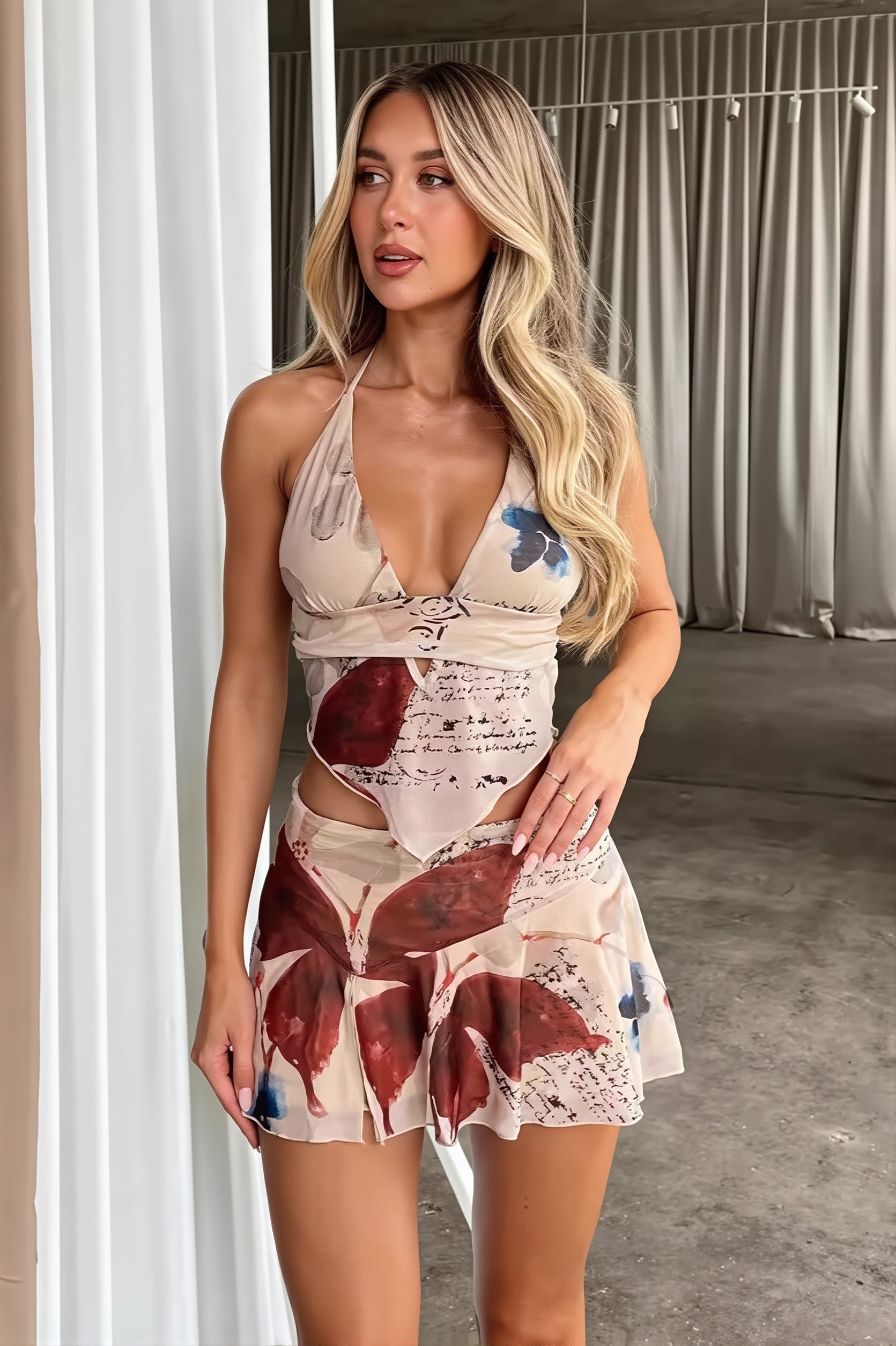 Chic Sheer Halter Neck Crop Top High Rise Skirt Sets image 1