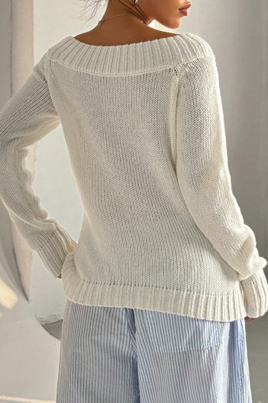 Solid Asymmetric Off-Shoulder Pullover Knit Top image 2