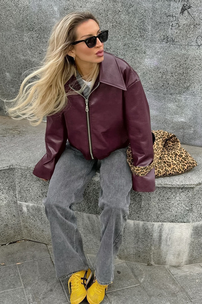 Matte Burgundy Leather Jacket image 2