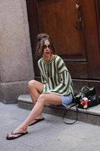 Green White Striped Tie Front Sweater image 7