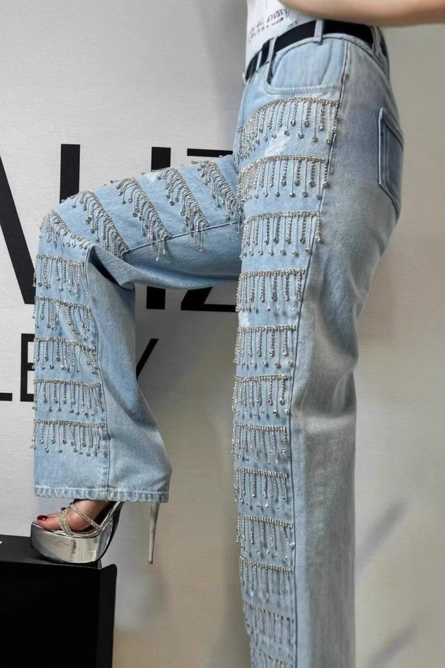 Rhinestone Tassel Straight Leg Jeans image 3