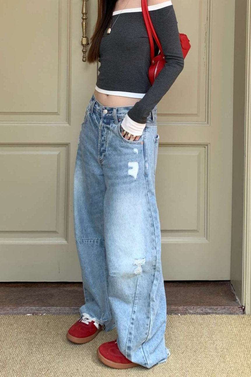 Chic Distressed Curved Wide Leg Vintage Washed Jeans image 2