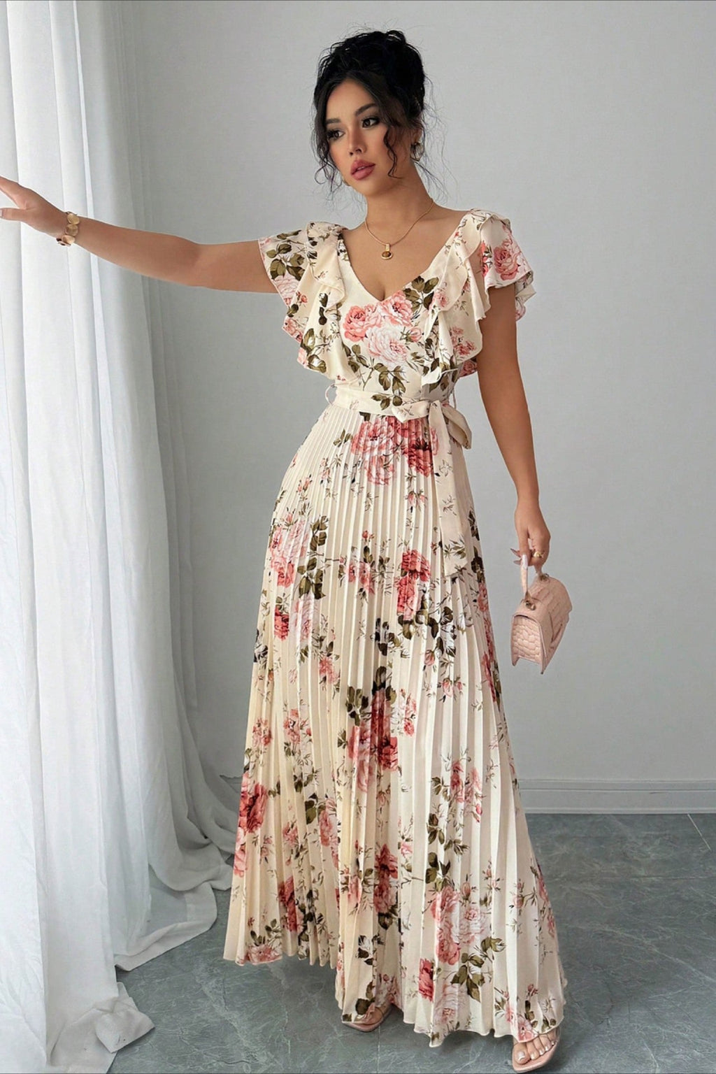 Floral Print Ruffle Sleeve V Neck Pleated Elegant Maxi Dress image 2