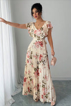 Floral Print Ruffle Sleeve V Neck Pleated Elegant Maxi Dress image 2