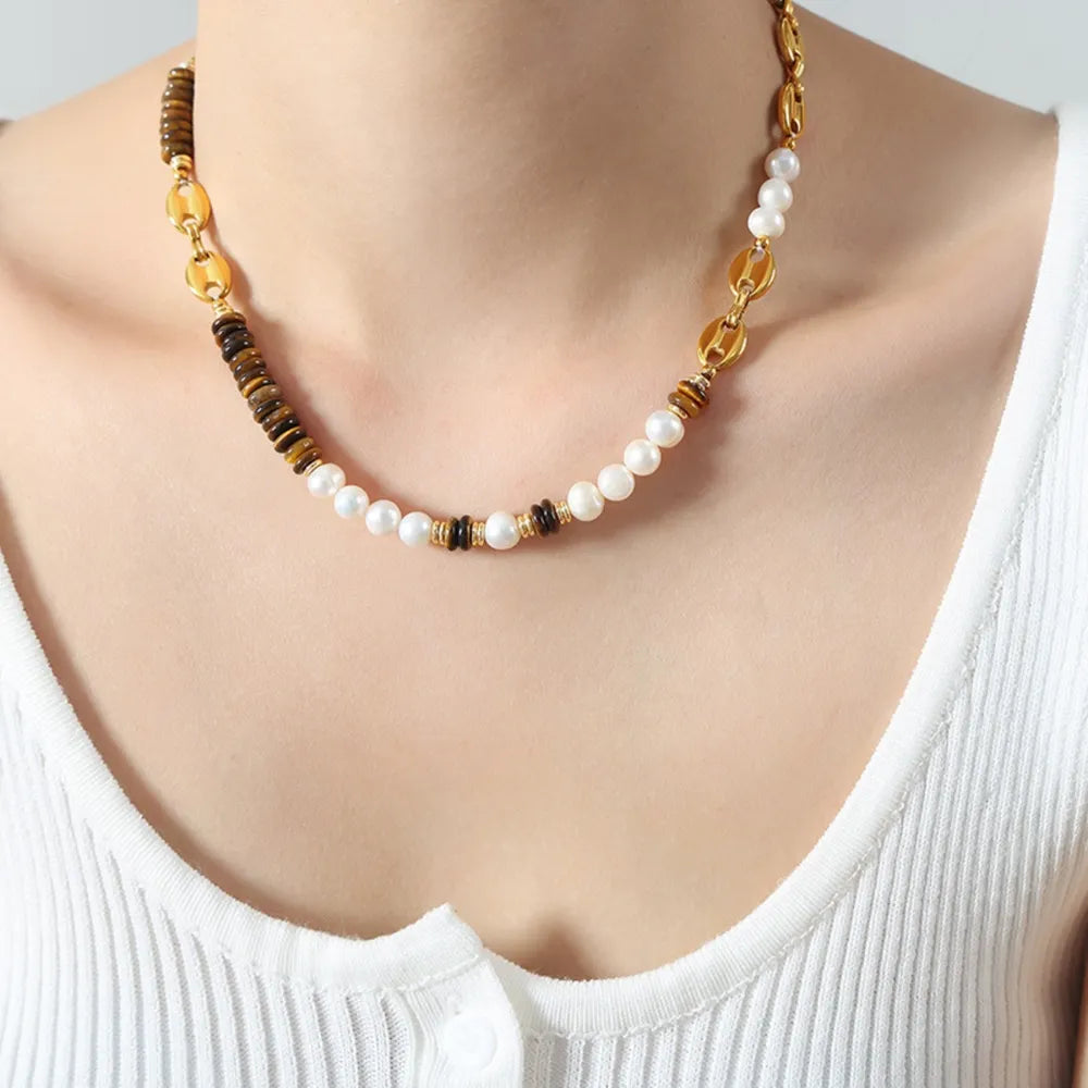 Greta Pearl Necklace detail view styled for Avrienne