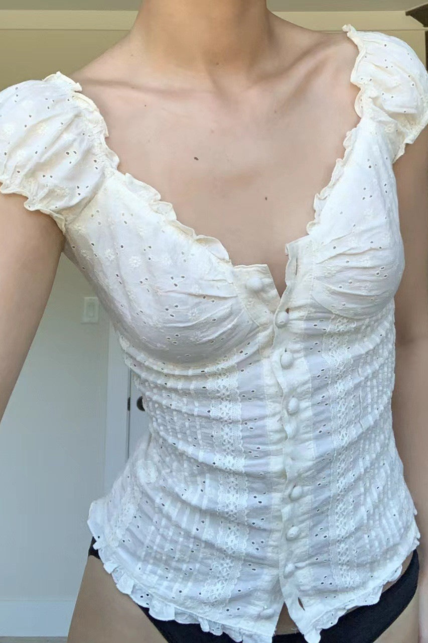 Ruched Low Neck Button Ruffled Lace Tank Top image 2