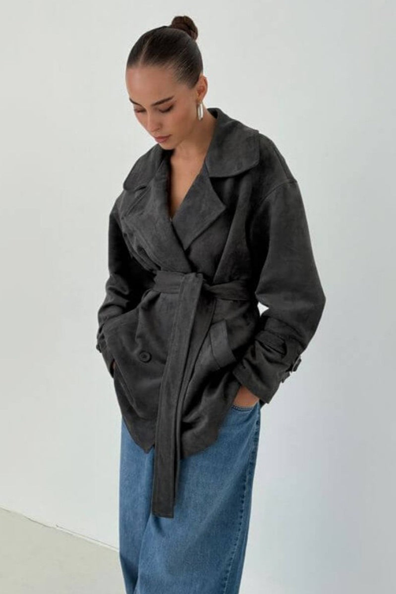 Vintage Suede Lapel Tie Waist Jacket Coat image 16