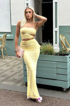 Sexy Hollow Strapless Yellow Slit Bodycon Maxi Dress image 3