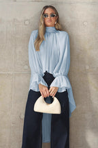 Blue Chiffon Bell Sleeve Cutout Blouse image 3