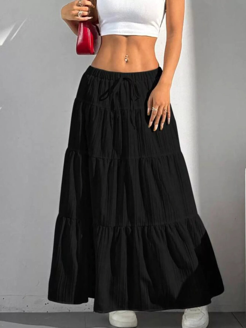 Capri Tiered Maxi Skirt detail view styled for Avrienne