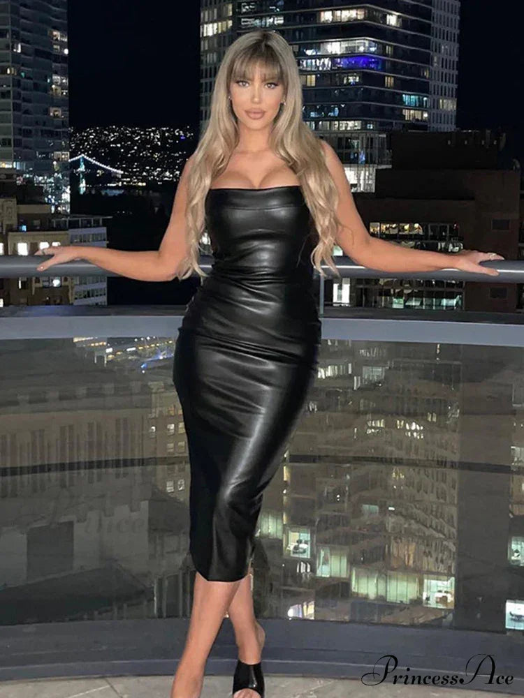 Edgy Faux PU Leather Fashion Sexy Sleeveless Backless Slit Summer Midi Dress image 3