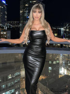 Edgy Faux PU Leather Fashion Sexy Sleeveless Backless Slit Summer Midi Dress image 2