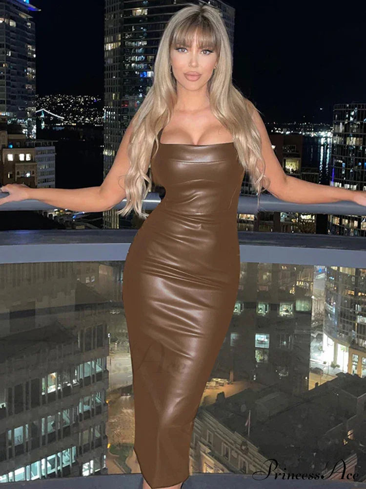 Edgy Faux PU Leather Fashion Sexy Sleeveless Backless Slit Summer Midi Dress image 6
