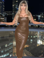 Edgy Faux PU Leather Fashion Sexy Sleeveless Backless Slit Summer Midi Dress image 6