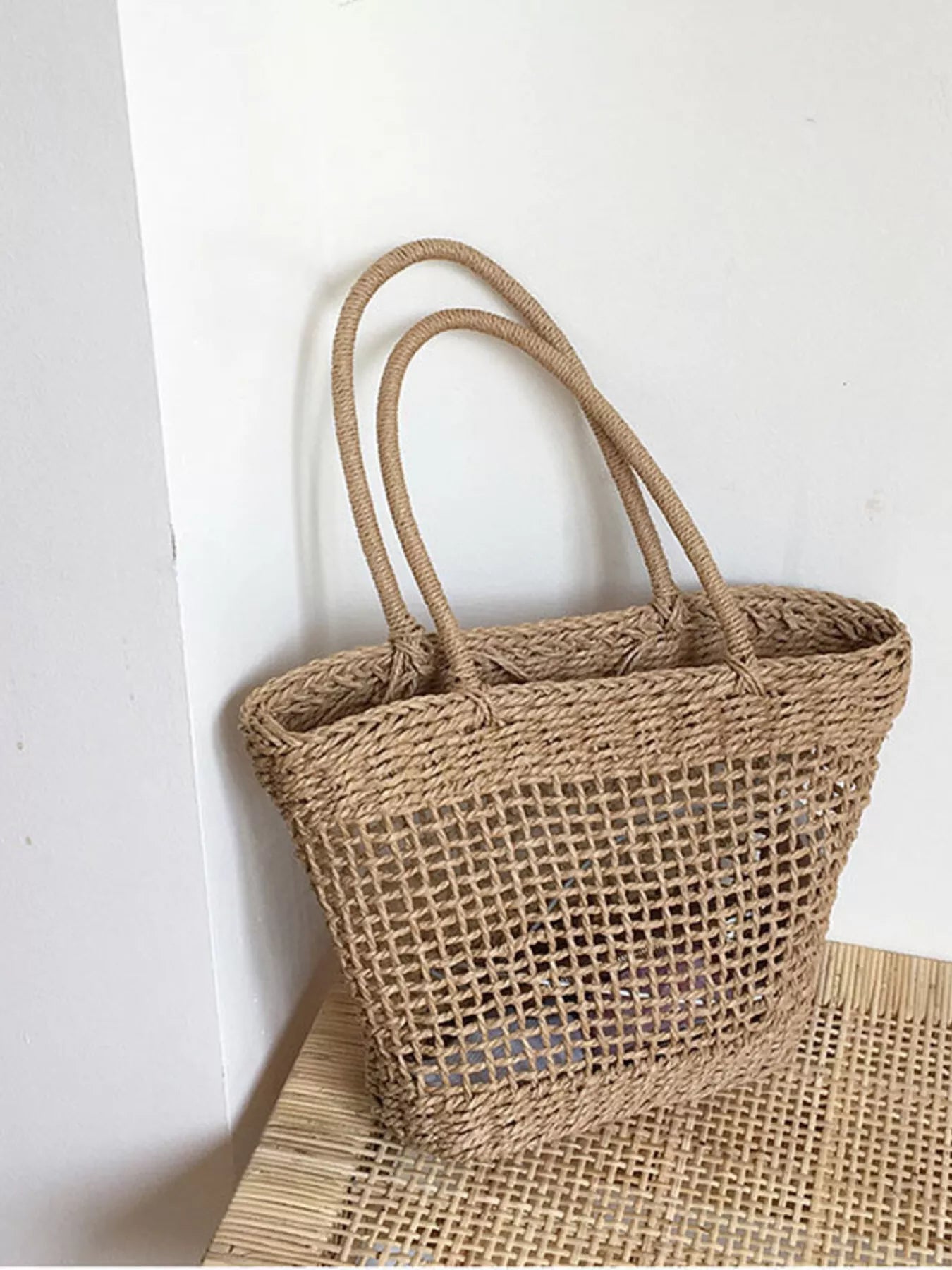 Viola Woven Bag detail view styled for Avrienne